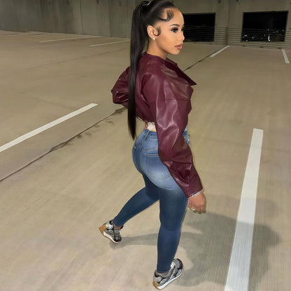 Veste courte en similicuir bordeaux pour femme - Romina 