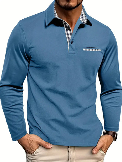 Men's Business Casual Long Sleeve Polo Shirt | With Check Pattern
