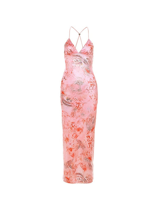 Roze vintage onregelmatige halter backless wrap hippe midi-jurk met print