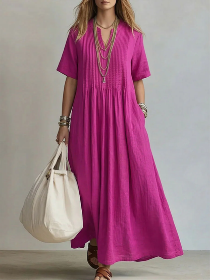Women's Casual Pleated V-Neck Maxi Dress | with Pockets