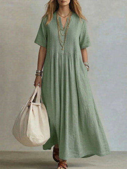 Women's Casual Pleated V-Neck Maxi Dress | with Pockets