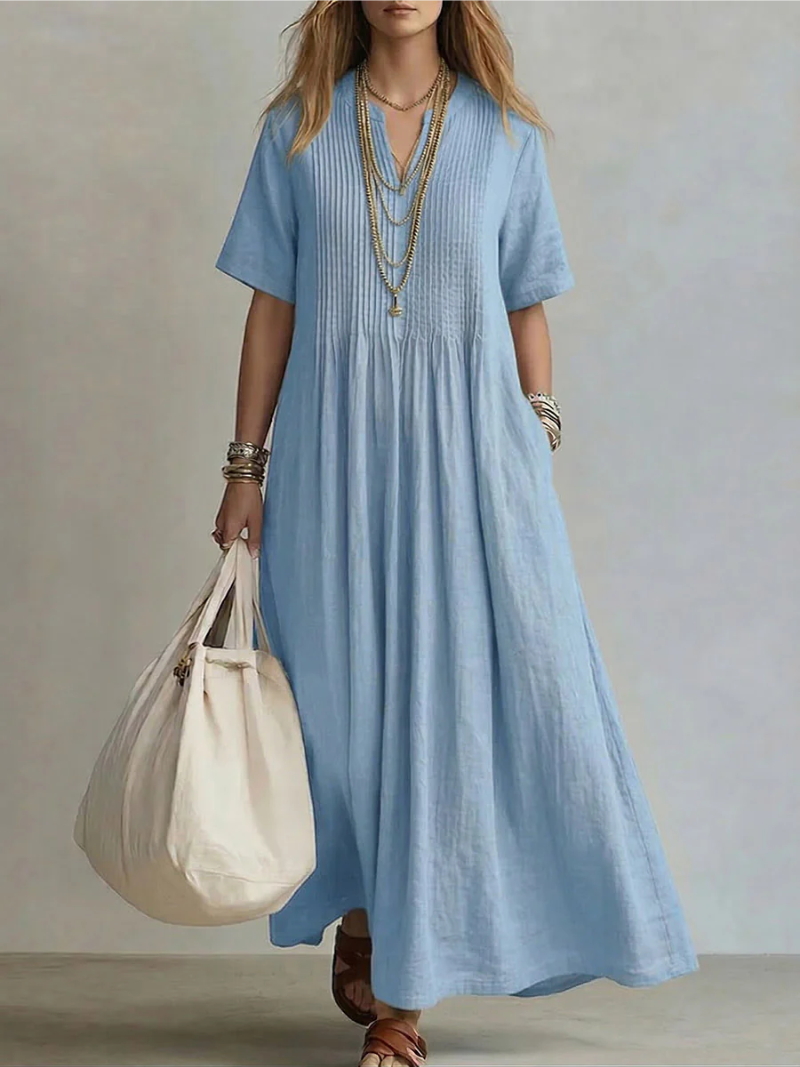 Women's Casual Pleated V-Neck Maxi Dress | with Pockets