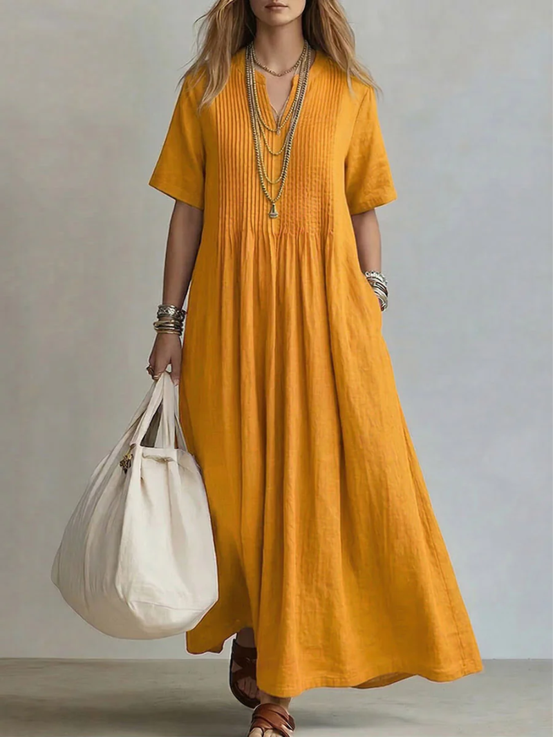 Women's Casual Pleated V-Neck Maxi Dress | with Pockets