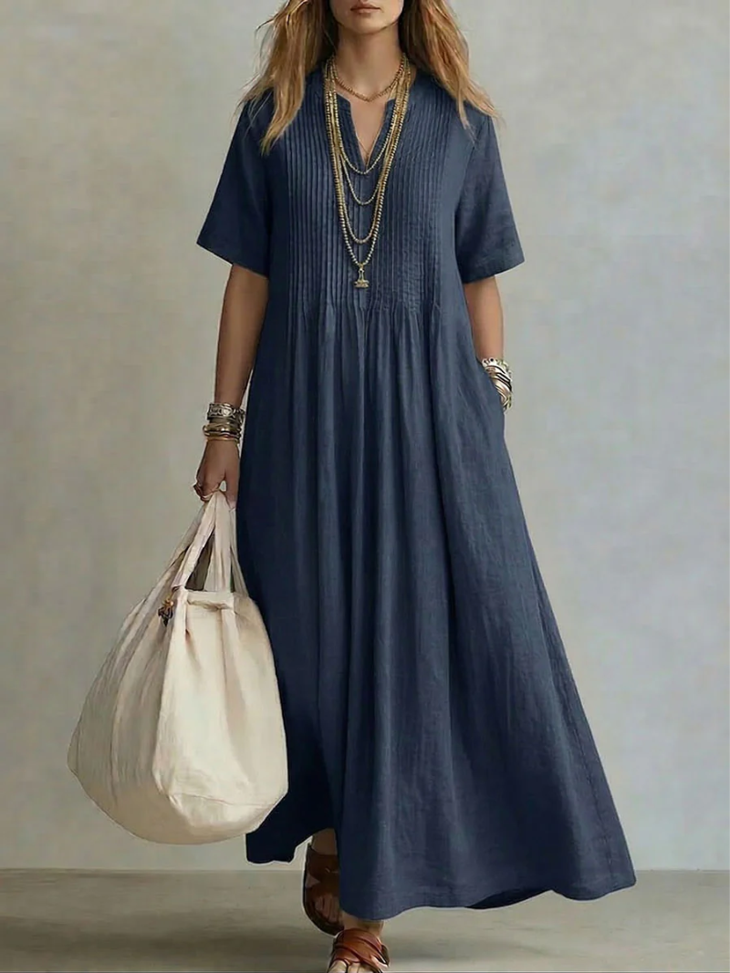 Women's Casual Pleated V-Neck Maxi Dress | with Pockets