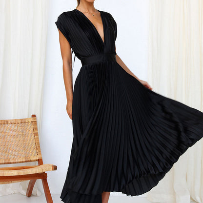 Women's V-Neck Pleated Evening Dress | Maxi