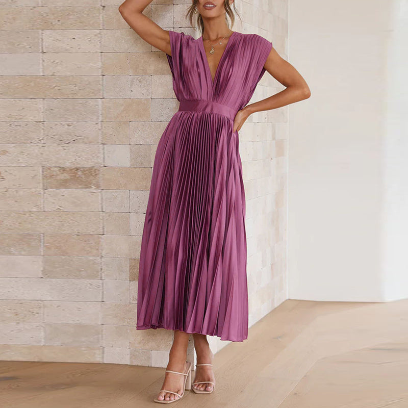 Women's V-Neck Pleated Evening Dress | Maxi