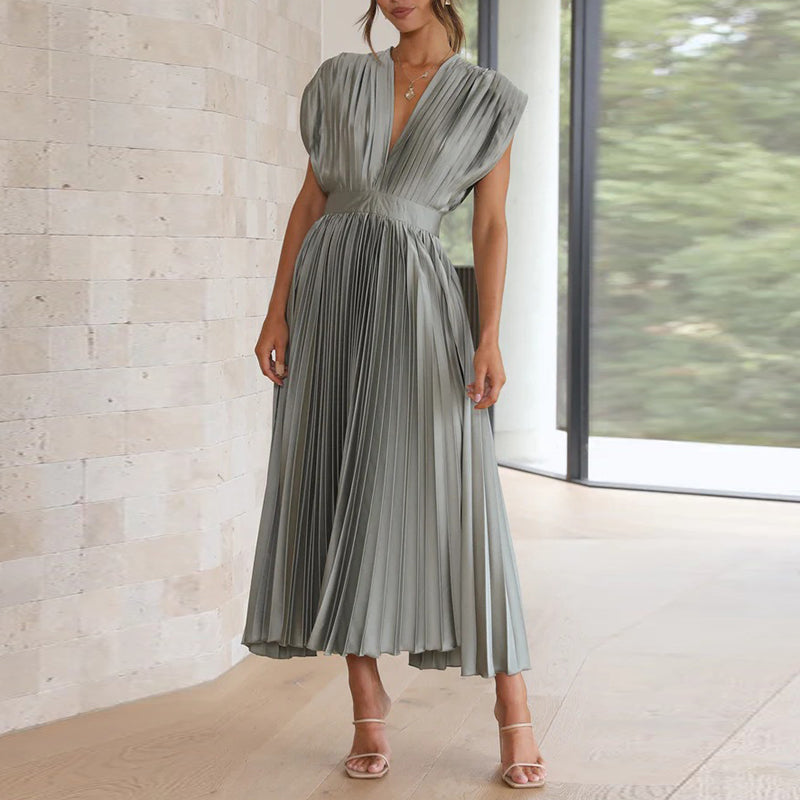 Women's V-Neck Pleated Evening Dress | Maxi