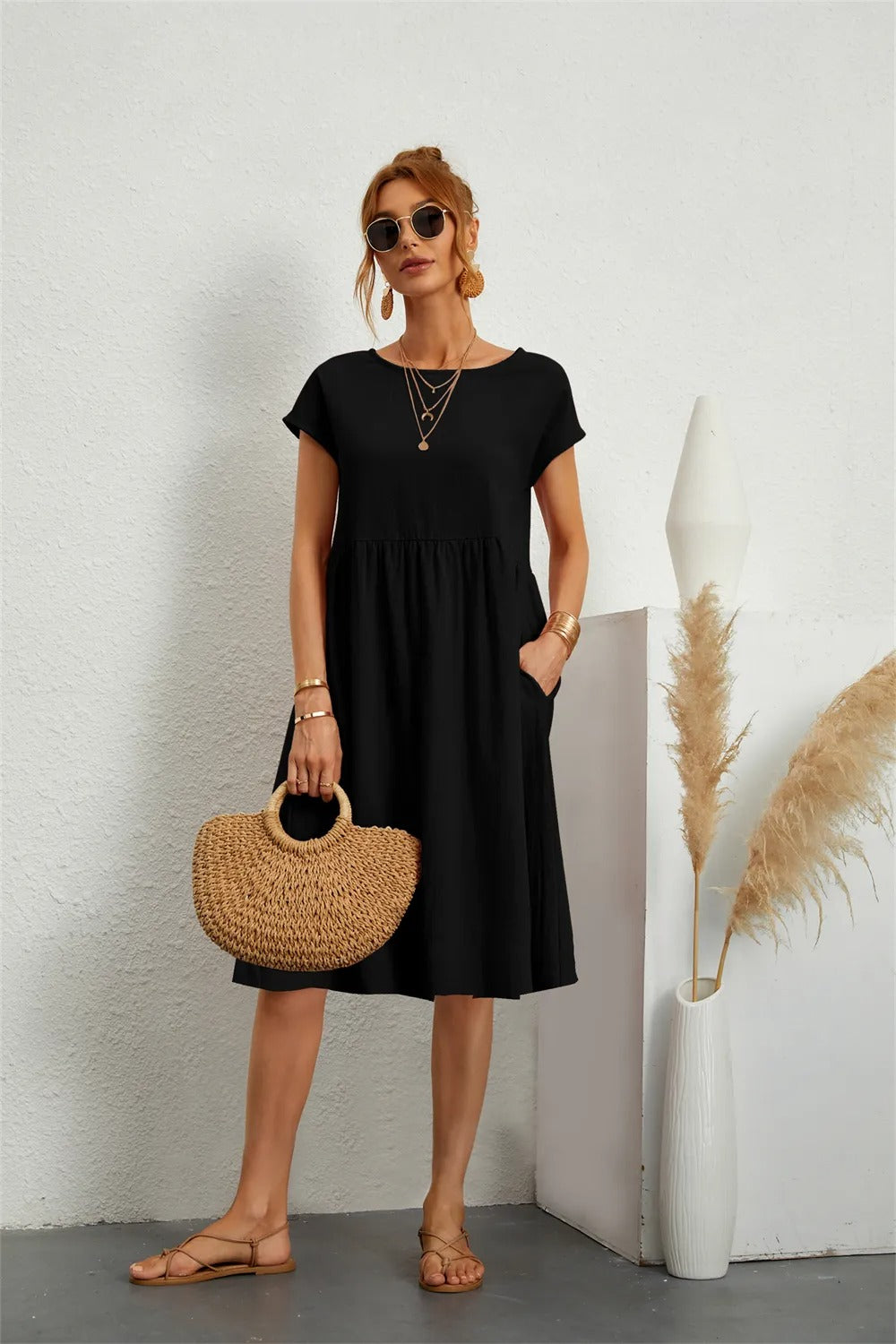 Women's Casual Short Sleeve Midi Dress | with Pockets