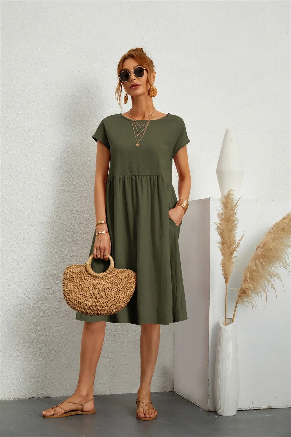 Women's Casual Short Sleeve Midi Dress | with Pockets