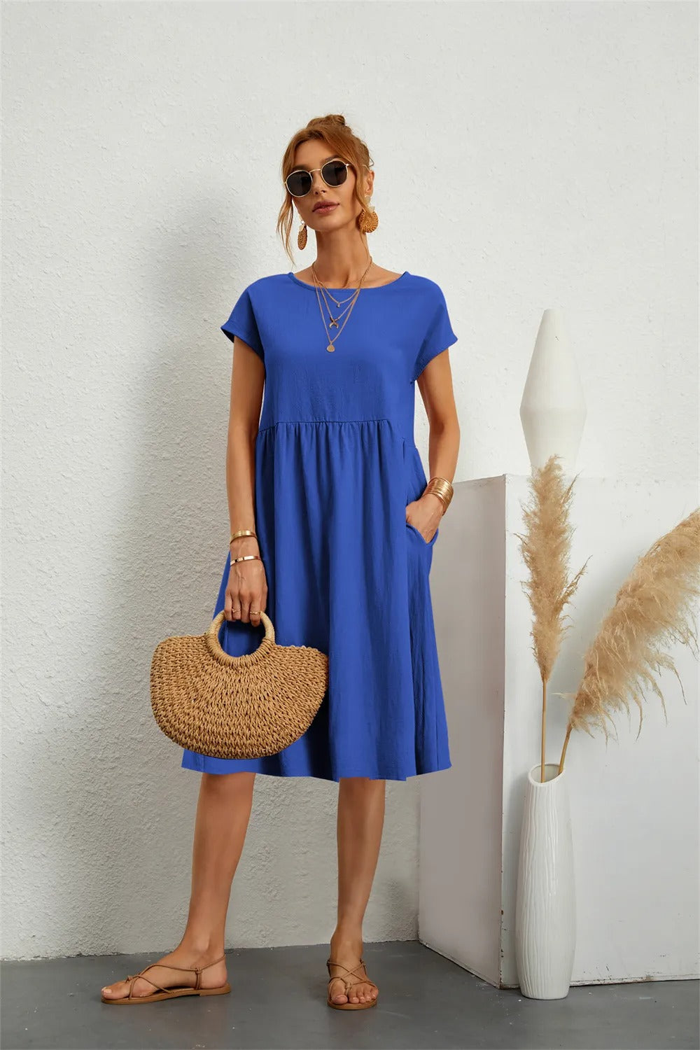 Women's Casual Short Sleeve Midi Dress | with Pockets