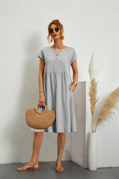 Women's Casual Short Sleeve Midi Dress | with Pockets
