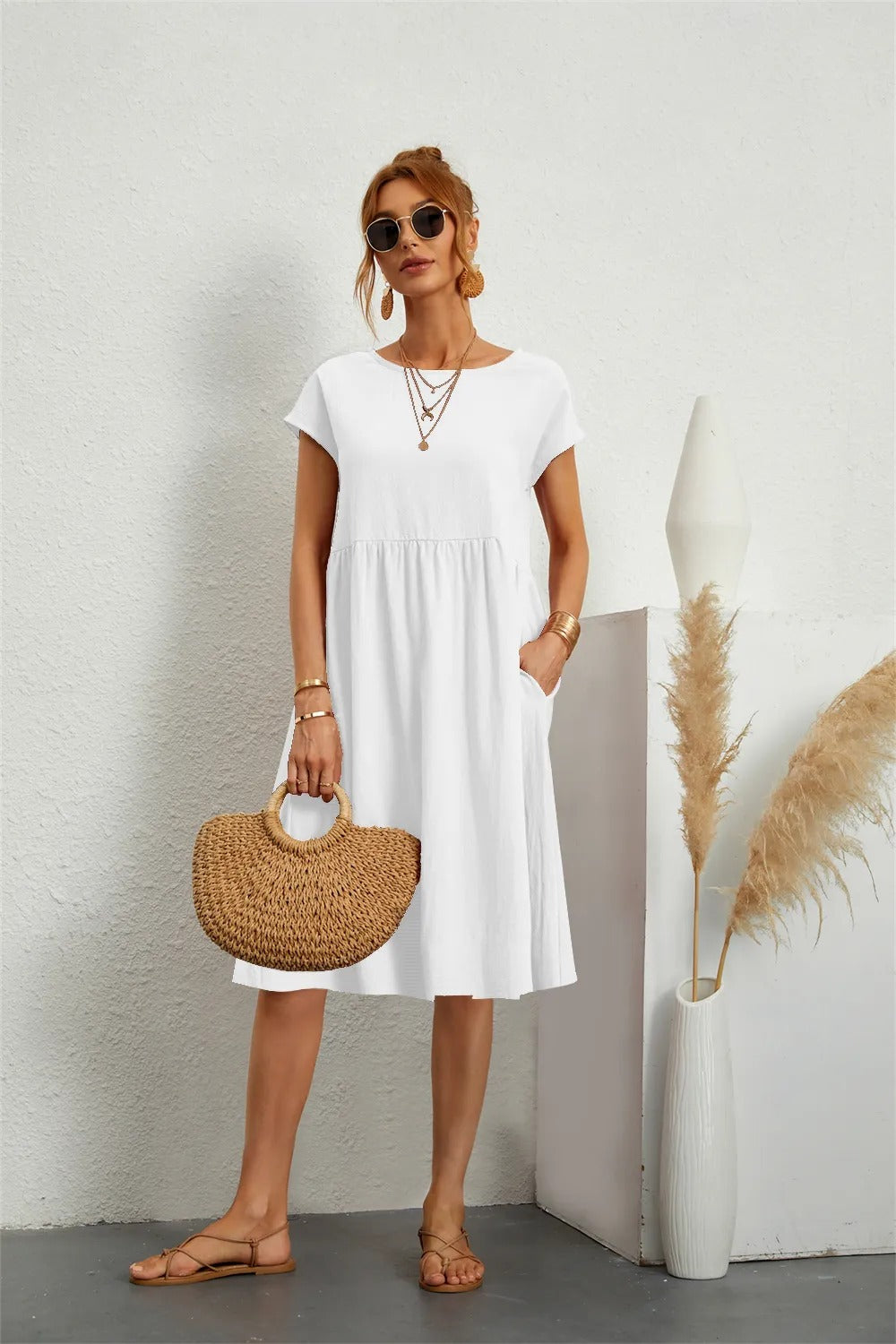 Women's Casual Short Sleeve Midi Dress | with Pockets