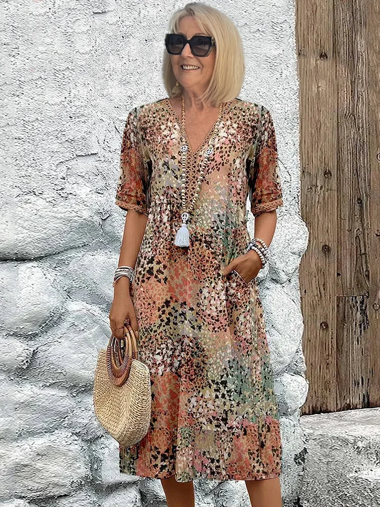 Women's Boho V-Neck Printed Midi Dress | with Pockets