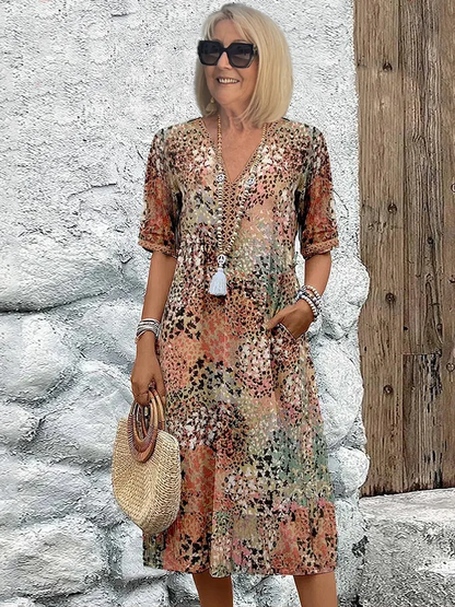 Women's Boho V-Neck Printed Midi Dress | with Pockets