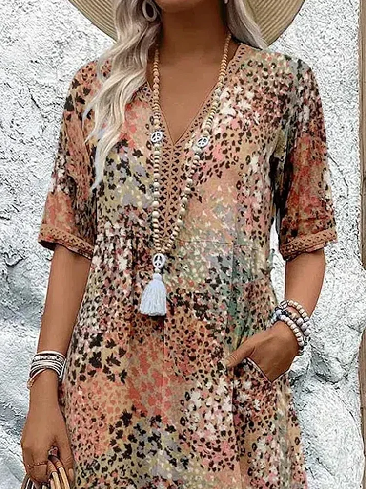 Women's Boho V-Neck Printed Midi Dress | with Pockets