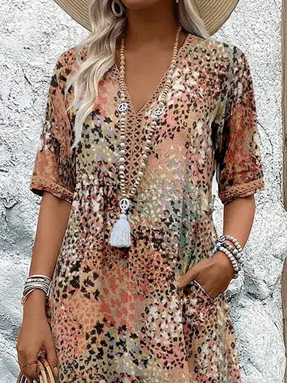 Women's Boho V-Neck Printed Midi Dress | with Pockets