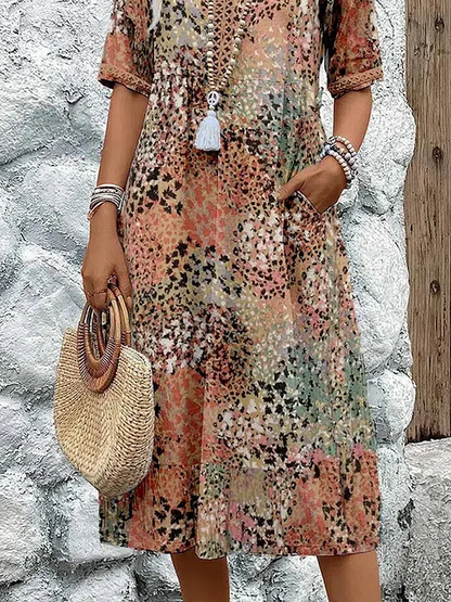 Women's Boho V-Neck Printed Midi Dress | with Pockets