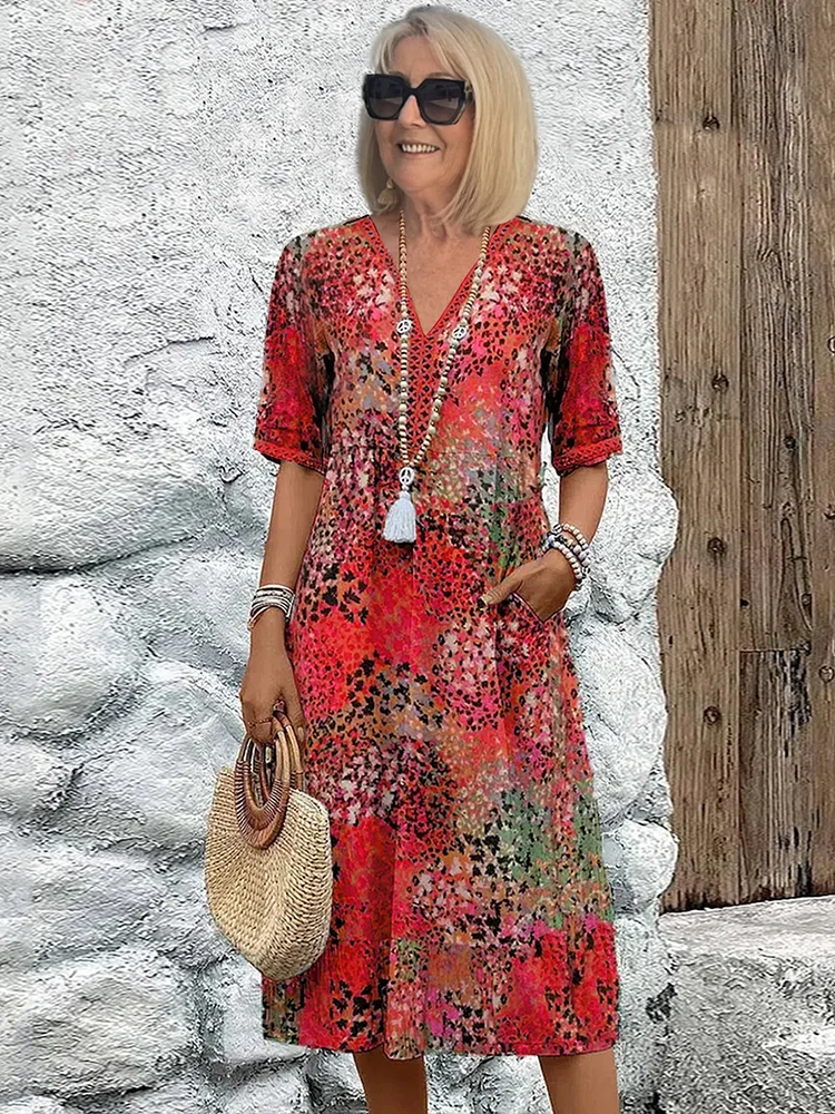 Women's Boho V-Neck Printed Midi Dress | with Pockets