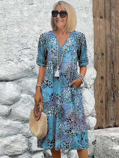 Women's Boho V-Neck Printed Midi Dress | with Pockets