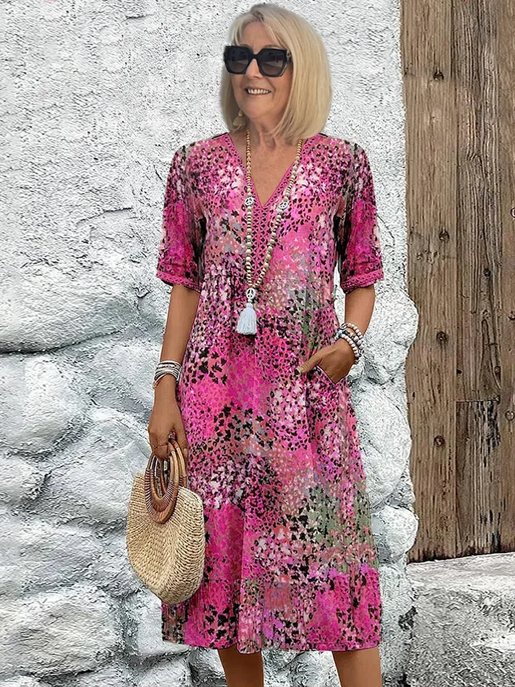 Women's Boho V-Neck Printed Midi Dress | with Pockets