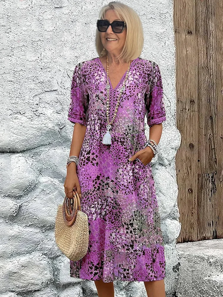 Women's Boho V-Neck Printed Midi Dress | with Pockets