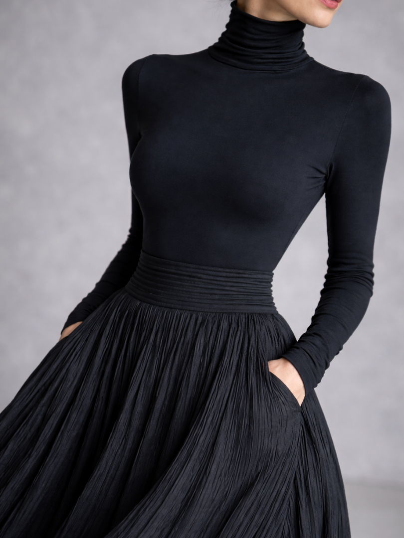 Women's Turtleneck Pleated Long Evening Dress | with Pockets
