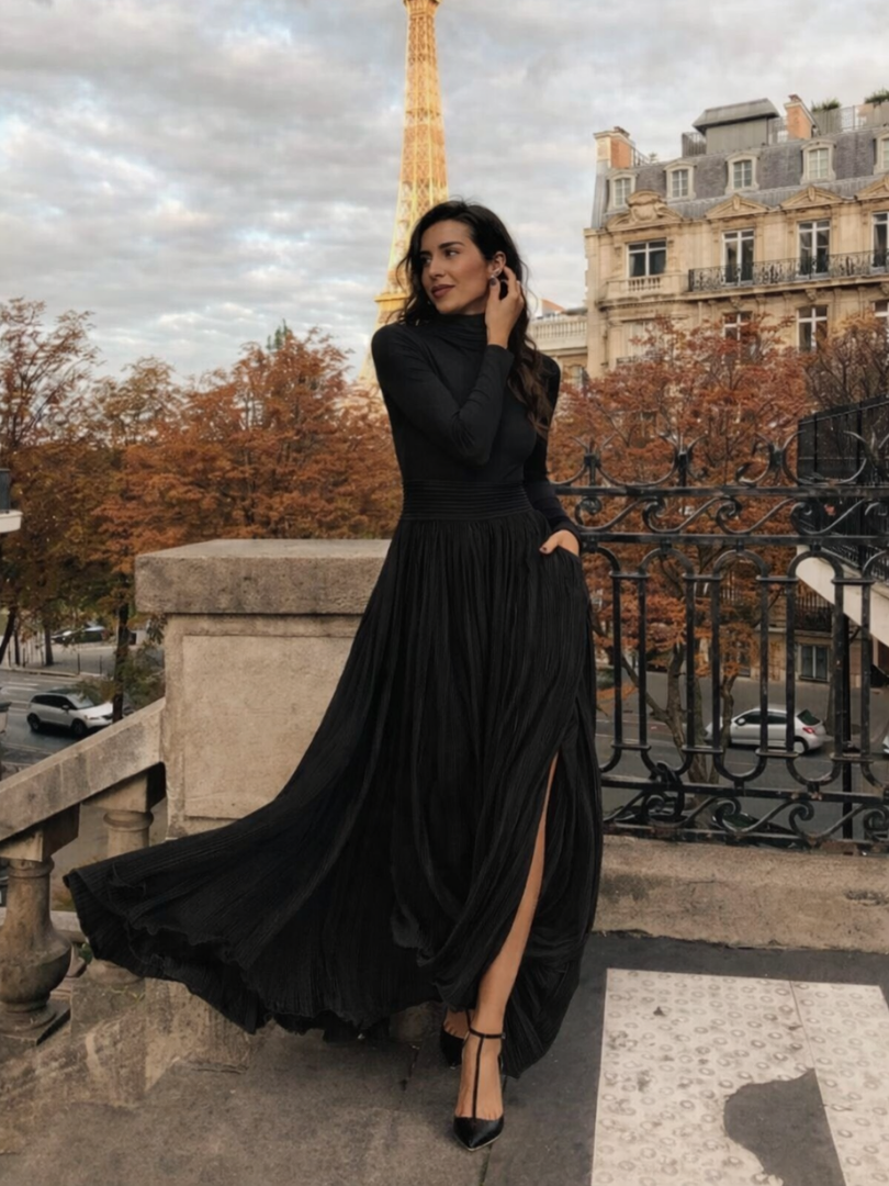 Women's Turtleneck Pleated Long Evening Dress | with Pockets
