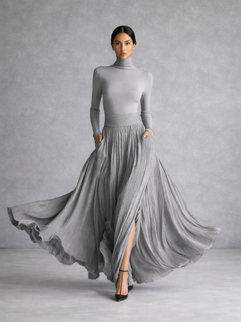 Women's Turtleneck Pleated Long Evening Dress | with Pockets