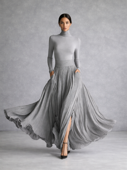 Women's Turtleneck Pleated Long Evening Dress | with Pockets