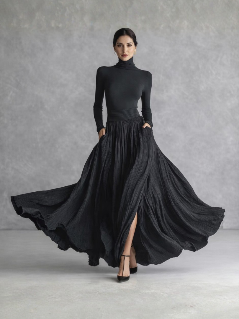 Women's Turtleneck Pleated Long Evening Dress | with Pockets