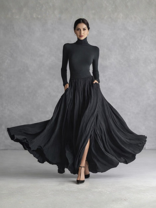 Women's Turtleneck Pleated Long Evening Dress | with Pockets
