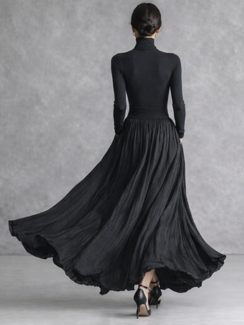 Women's Turtleneck Pleated Long Evening Dress | with Pockets