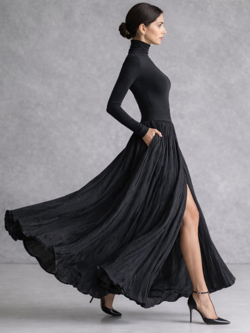 Women's Turtleneck Pleated Long Evening Dress | with Pockets