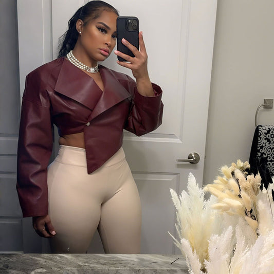 Burgundy Faux Leather Cropped Jacket for Women - Romina