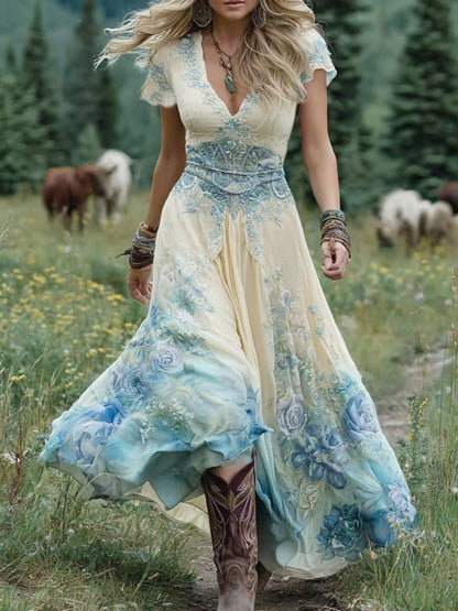 Women's Bohemian V-Neck Floral Maxi Dress | Short Sleeve