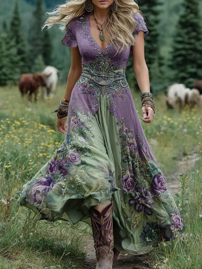 Women's Bohemian V-Neck Floral Maxi Dress | Short Sleeve