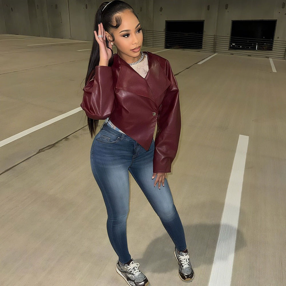 Veste courte en similicuir bordeaux pour femme - Romina 