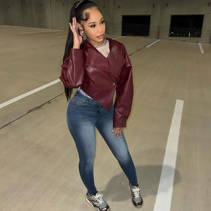 Veste courte en similicuir bordeaux pour femme - Romina 