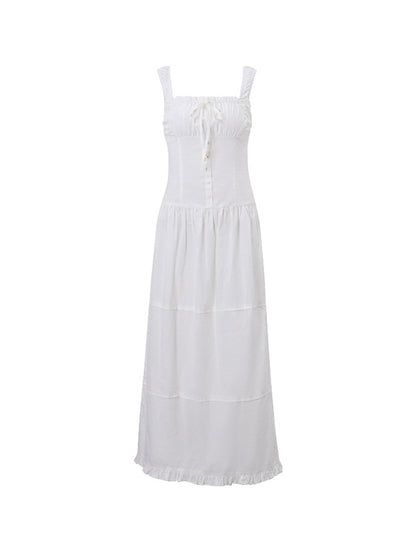 White French Pleated Layered Slim Midi Dress with Lace Up