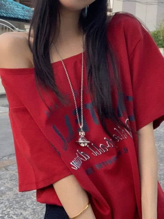 T-shirt rouge surdimensionné à manches courtes et imprimé numérique Y2K