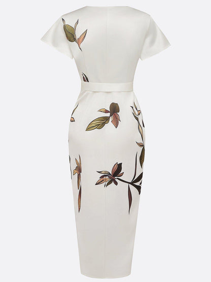 Women's Floral Midi Wrap Dress | with Flutter Sleeves and Tie Waist