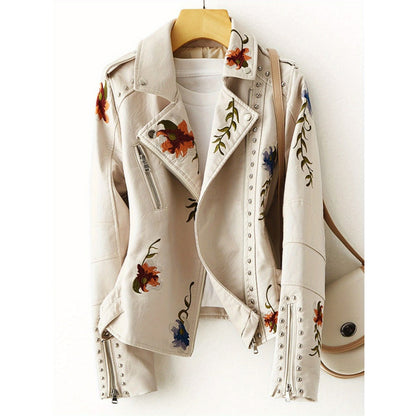 Veste en similicuir beige à broderies florales pour femme - Lucrezia