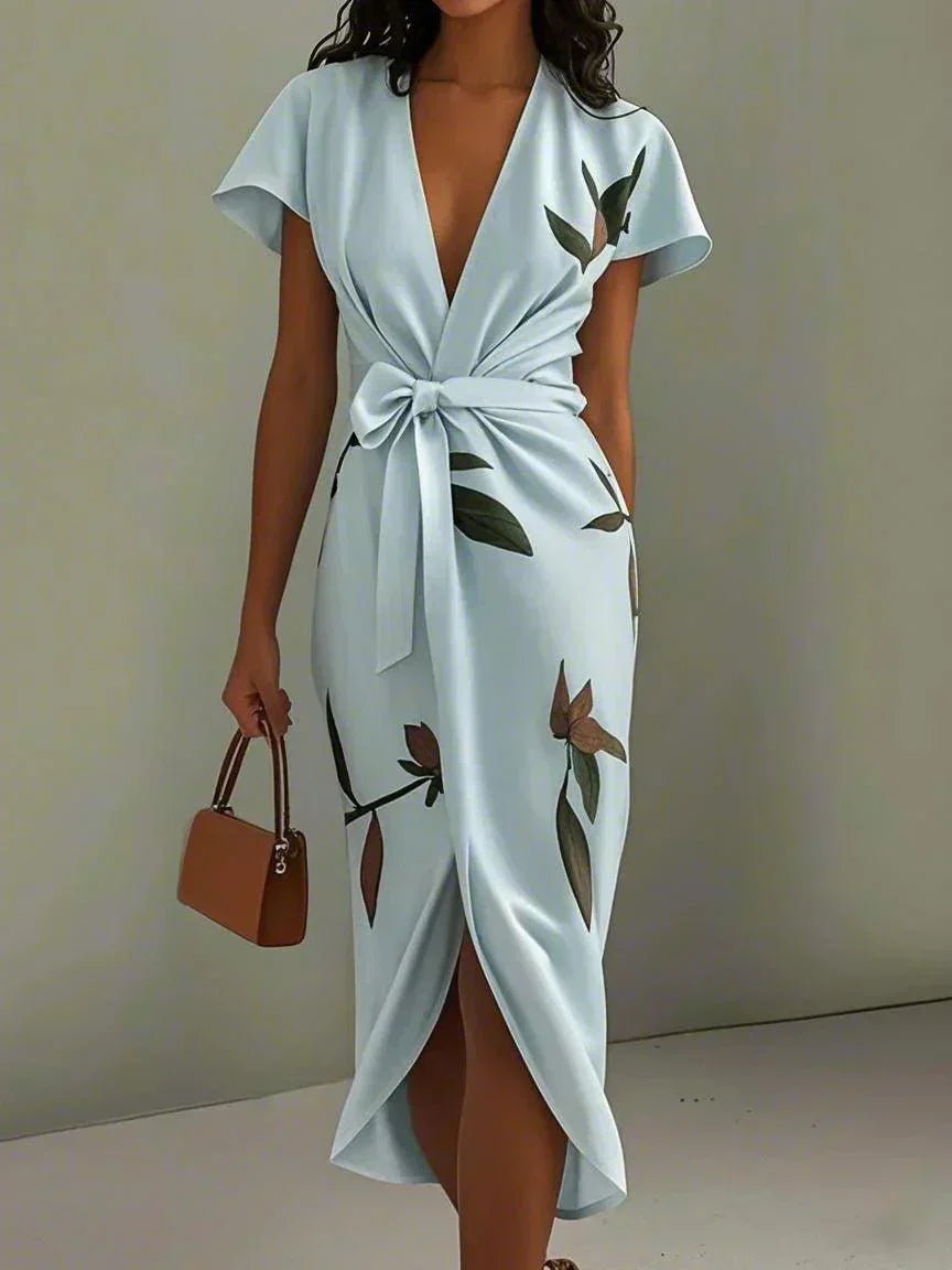 Women's Floral Midi Wrap Dress | with Flutter Sleeves and Tie Waist