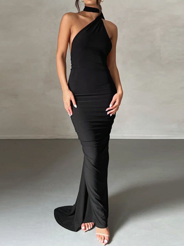 Black Vintage Backless Pleated Slim Fit Sleeveless Maxi Dress