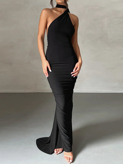 Black Vintage Backless Pleated Slim Fit Sleeveless Maxi Dress