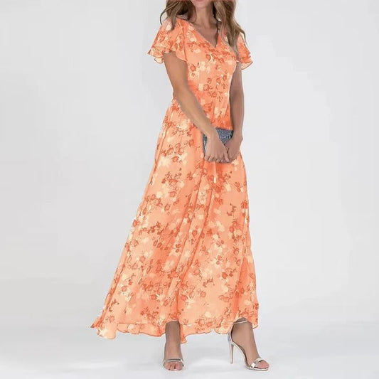 Women's Floral V-Neck Flutter Sleeve Summer Dress | Maxi