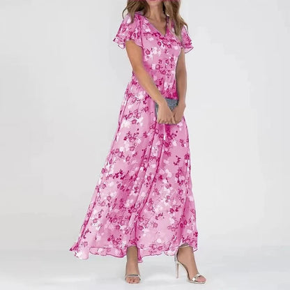 Women's Floral V-Neck Flutter Sleeve Summer Dress | Maxi