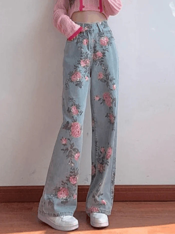 Y2K High Rise Boyfriend Jeans with Floral Print