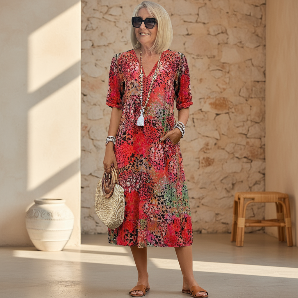 Women's Boho V-Neck Printed Midi Dress | with Pockets