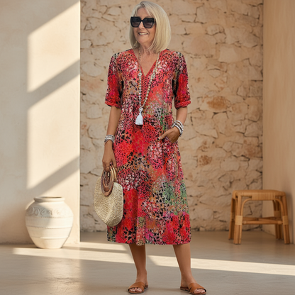 Women's Boho V-Neck Printed Midi Dress | with Pockets